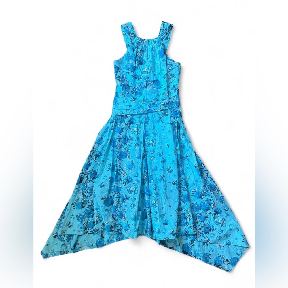 Peter Pilotto Blue Floral Fitted Bodice Dress with asymmetrical flowy hem US 6